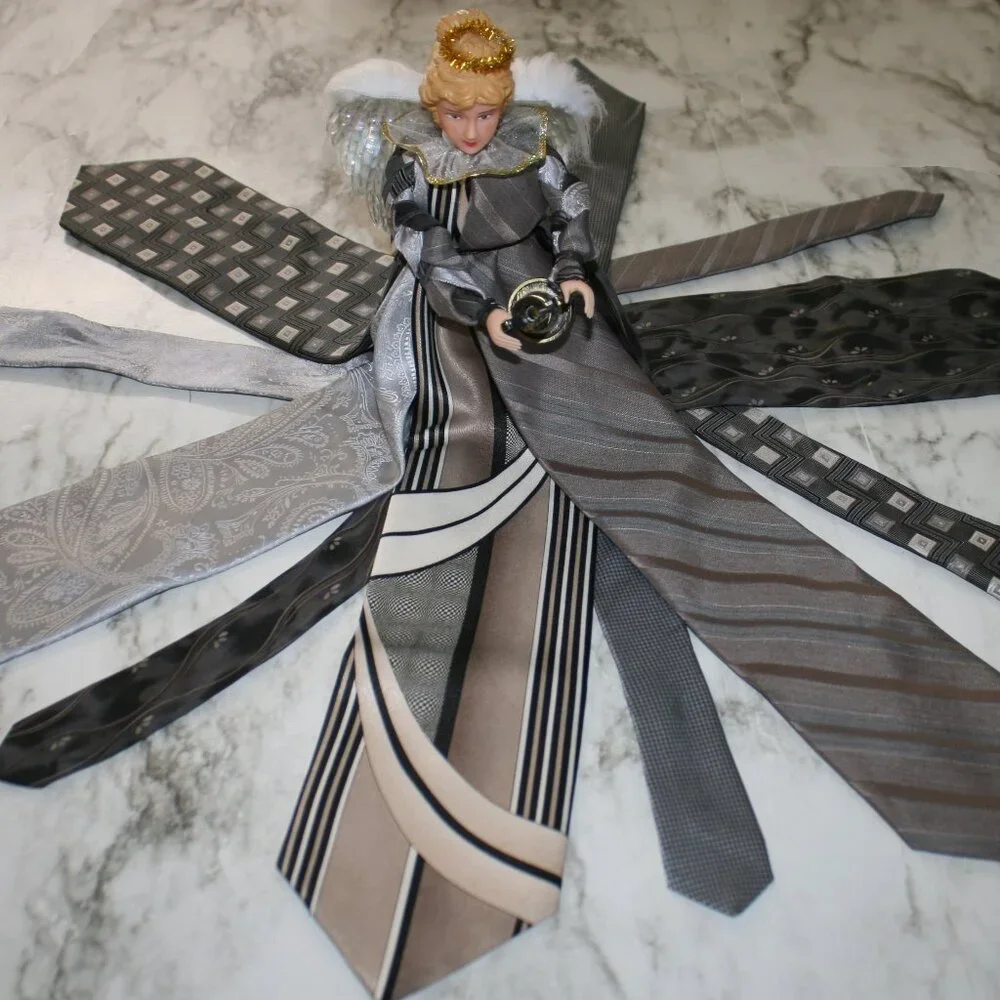 UPCYCLED Angel Necktie Wall Art Tree Topper Christmas Home Decor Grey